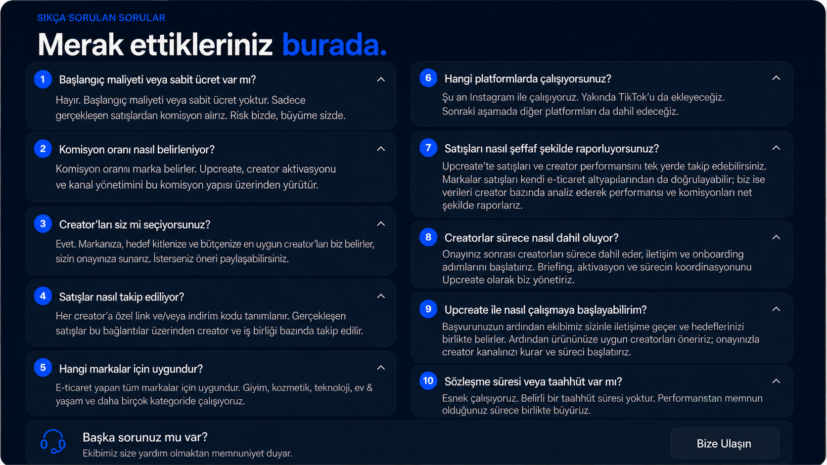 Markaların merak ettikleri: maliyet, komisyon, creator seçimi, satış takibi, platformlar, raporlama ve süreç.